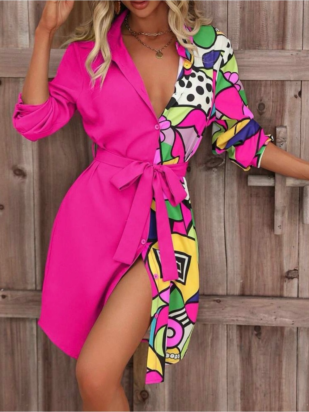 SHEIN Hot Pink & Multicolor Printed Midi Shirt Dress